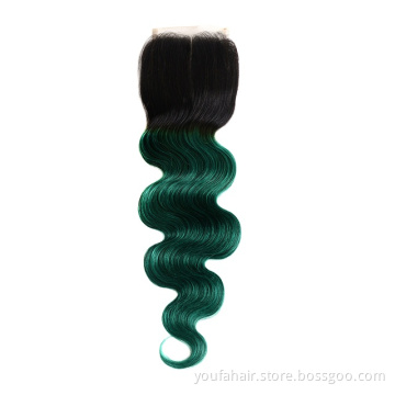 Factory Brazilian Human Remy Cuticle Aligned Hair Closure Ombre Colored 1B Green Body Wave 4*4 Lace Closure with Baby Hair